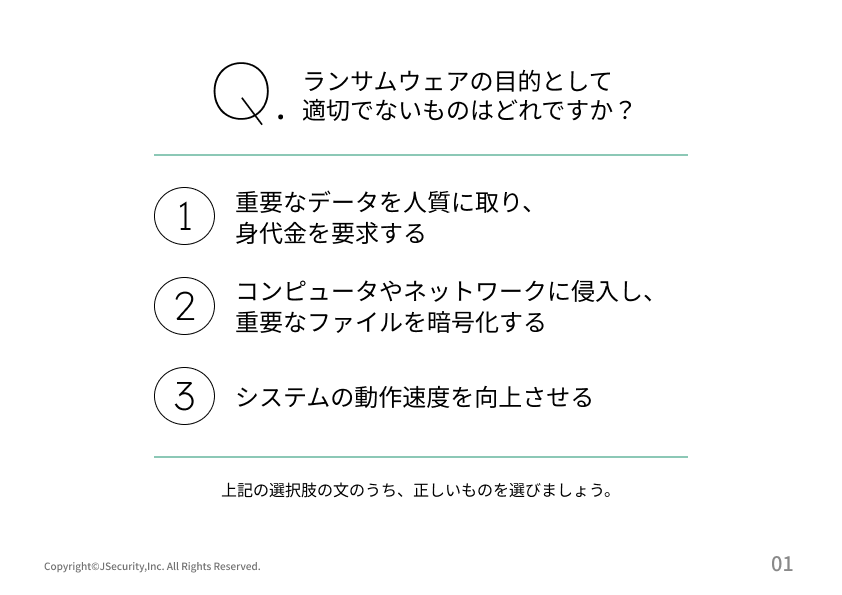 猛威を振うランサムウェアとは？の理解度チェック